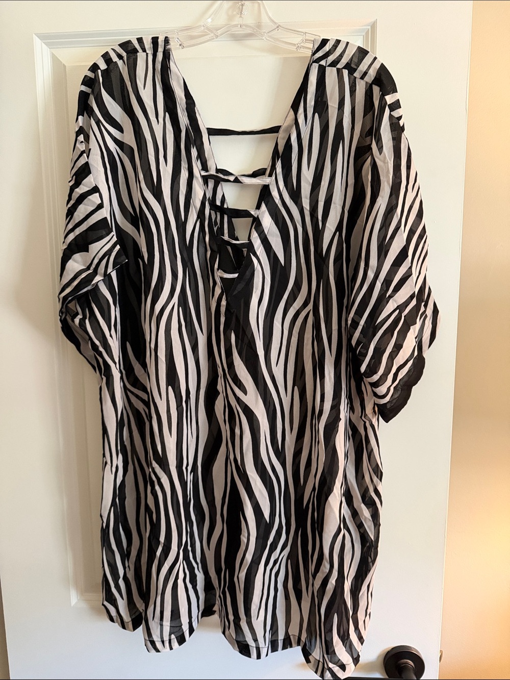 Zebra-Print V-Neck Swim Coverup - Black & White